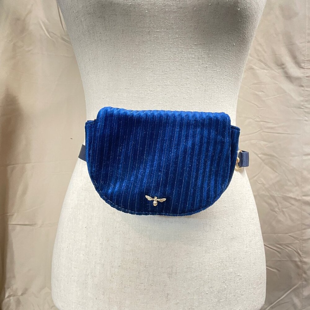 Fable England Navy Velvet Waist‎ Bag Gold Bee Emblem Minimalist Cottagecore Twee